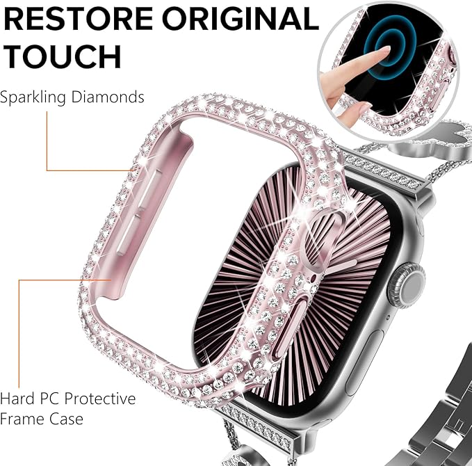 KADES Bling Case Compatible for Apple Watch Series 11/10 46mm, Sparkly Full Diamond Protective PC Bumper Cover, Rhinestone Frame for Women, 46mm-Original Pink - Image 7