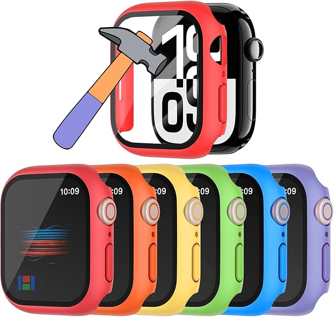 HANKN 6 Pack Hard Case for Apple Watch Series 9 8 7 41mm Tempered Glass Screen Protector Case, Full Protective Cover Ultra-thin Scratch-Resistant Bumper (Red+Orange+Yellow+Green+Blue+Purple, 41mm) by HANKN