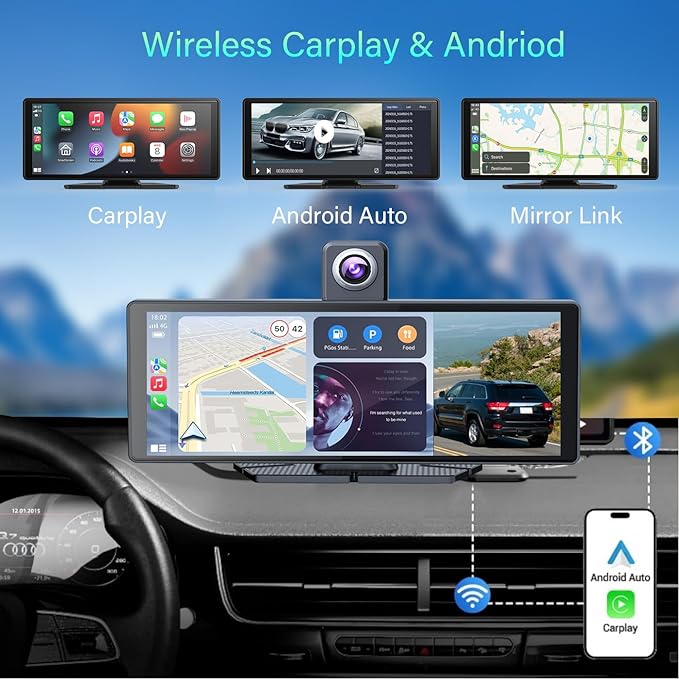 10.26" Wireless Portable Carplay Screen CarPlay & Android Auto Car Stereo 360 Rotation 4K Dash Cam 1080p Rear Camera Mirror Link Voice Control GPS Navigation(SD Card Excluded) - Image 4