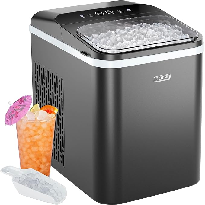 Iceman Compact Pebble Ice Machine, Countertop Nugget Ice Maker Produces Chewable Pellet Ice in 8 Minutes, Makes 26lbs/Day, One-Touch Cleaning Function with Ice Scoop/Basket Included – Black by Iceman