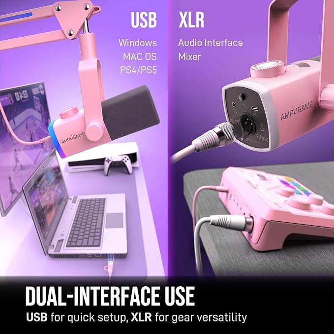 FIFINE XLR/USB Gaming Microphone Kit with Boom Arm Stand, RGB Streaming Mic for Computer Compatible with PC/PS4/PS5, Podcast Mic Set with Headphone Jack, Volume Knob, Mute-AmpliGame AM8PROT Pink - Image 3