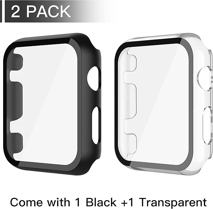 Misxi 2 Pack PC Case with Tempered Glass Screen Protector Compatible with Apple Watch Series 3 Series 2 42mm, HD Overall Shockproof Protective Cover for iWatch, 1 Black + 1 Transparent - Image 2
