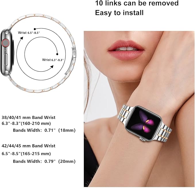 MioHHR Solid Stainless Steel Band Compatible with Apple Watch 44mm 42mm (Series 3/2/1), Metal Strap with Soft TPU Case for iWatch Series 6 5 4 3 2 1 SE SE2 SE3 Women and Men, Silver/Rose Gold - Image 5