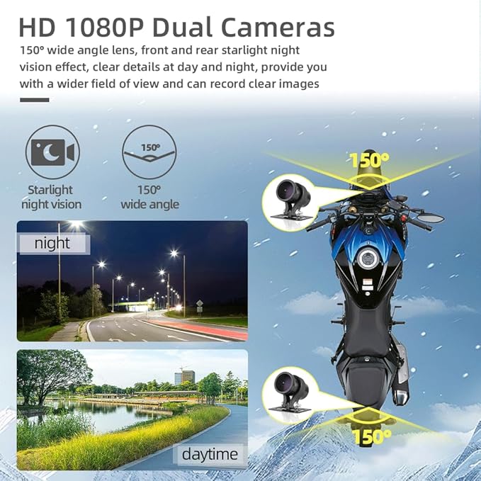 VSYSTO Motorcycle Dash Camera, WiFi 2 Inch Screen Waterproof 150° Wide Angle Starlight Night Vision HD 1080P Front and Rear Camera Motorbike DVR, Fault Vibration Reminder, High Speed Download Videos - Image 2