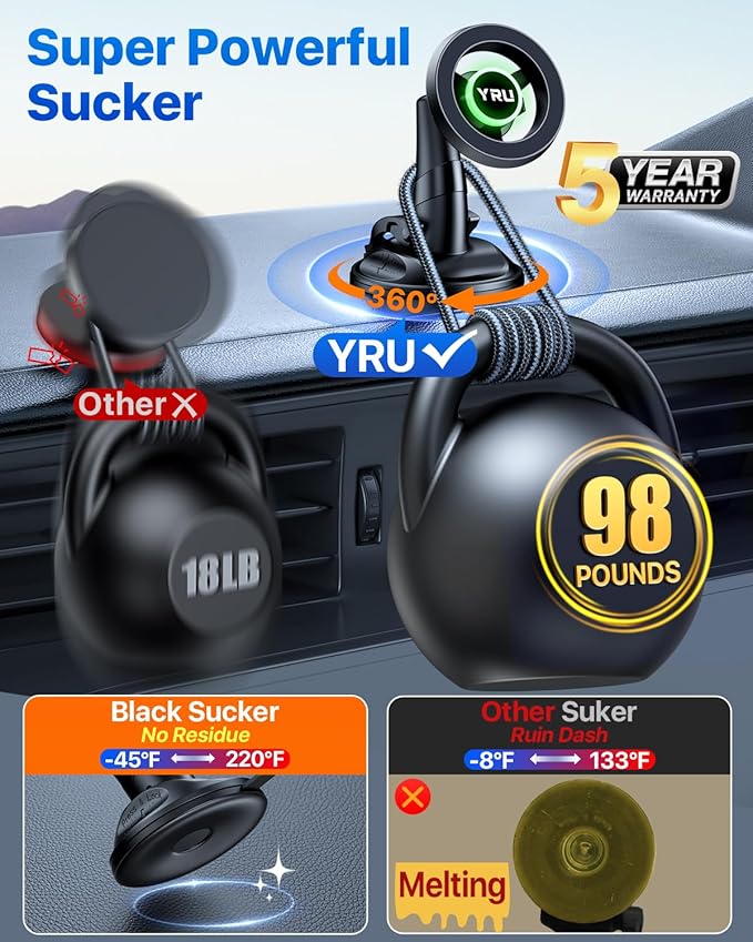 YRU [Truely Upgrade & Patent] Car Phone Holder for Magsafe [98+LBS Strongest Suction & Enhanced Magnetic] Dashboard Car Mount Windshield Vent Phone Stand for iPhone 17/16/15/14/13/12 Pro Max, Black - Image 3