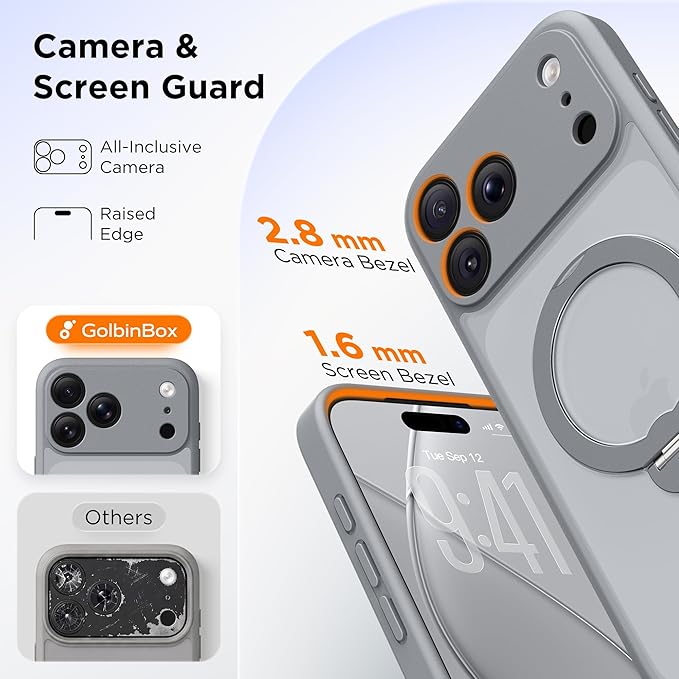 GolbinBox 360° Spin Magnetic Stand for iPhone 17 Pro Case, [Compatible with MagSafe] [Full Camera Protection] [16FT Military Drop Protection], Silm Translucent Matte Phone Case, Titanium Gray - Image 7