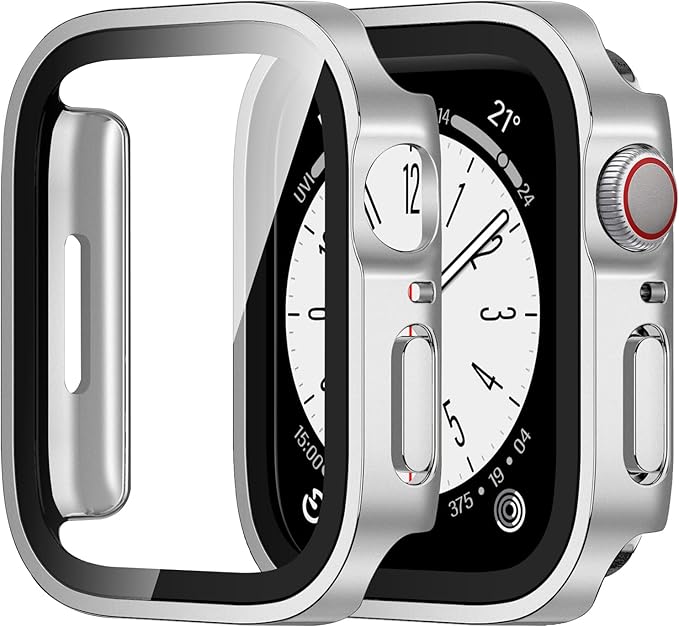 Amizee 2 Pack Compatible with Apple Watch Series 9 8 7 45mm Case with Built-in Screen Protector, Ultra-Thin Hard PC Straight Edge Anti-Scratch Protective Cover for iWatch (Matte Silver) by Amizee