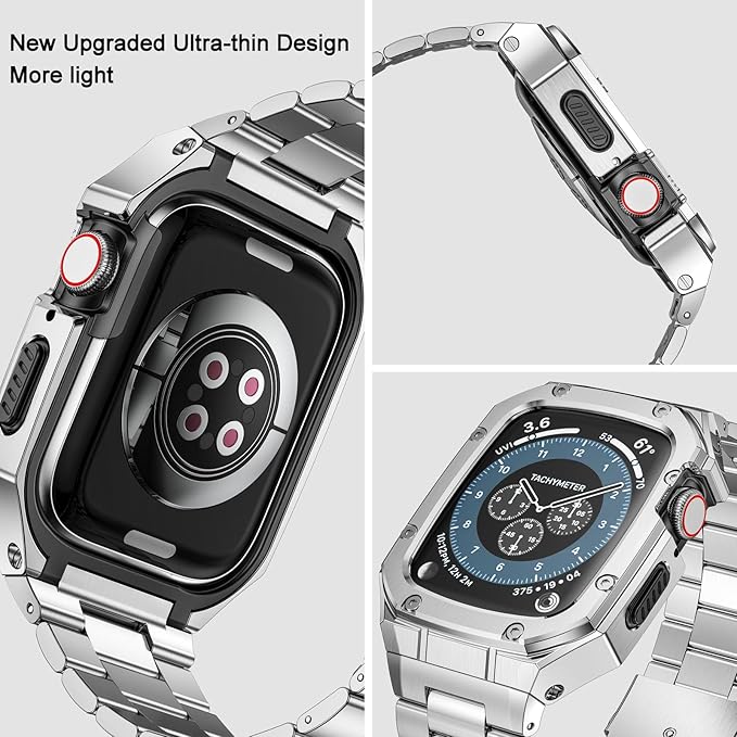 BAITEYOU Stainless Steel Watch Band with Case Compatible with Apple Watch Series 11 10 42mm, Rugged Strap with Metal Protective Bumper Cover for iWatch Bands Men (Silver) - Image 2
