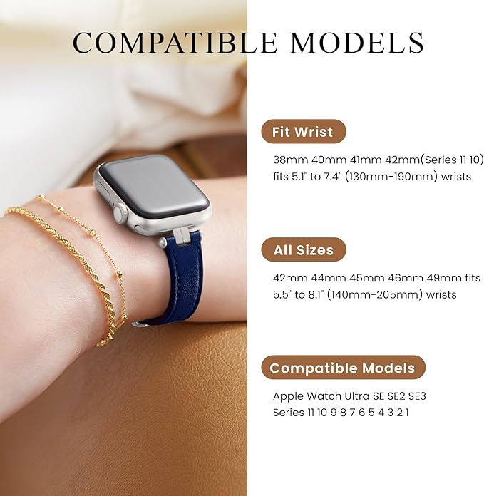 STIROLL Thin Leather Band Compatible with Apple Watch Bands 41mm 40mm 38mm 42mm(Series 11 10) Women, Stylish Top-Grain Leather Strap Slim Wristband for iWatch SE3/2/1 Series 9 8 7 6 5 4 3 2 1, DarkBlue/Silver - Image 5