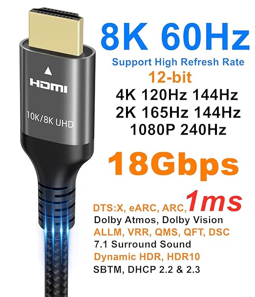 Ubluker 8K HDMI Cable 48Gbps 33 FT, Nylon Braided High Speed HDMI® Cable 4k 120Hz 2k 165Hz 8k 60Hz 12bit eARC ARC Dolby Atmos HDR10+ HDCP2.3 Compatible for Gaming PC TV Soundbar Monitor Mac PS5 Xbox - Image 3