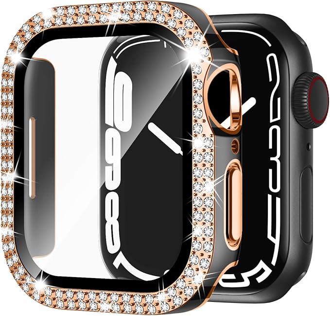 Adepoy for Apple Watch Case Series 7/8 45mm with Tempered Glass Screen Protector, Double Bling Case Crystal Diamonds Rhinestone Bumper Overall Hard PC Ultra-Thin Protective Cover for iWatch 45mm by AdepoyAppleWatchAccessories