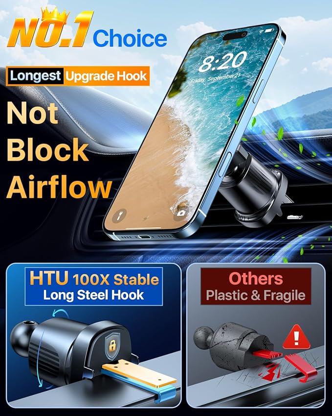 【Military-Grade】HTU for MagSafe Car Mount【Upgraded Strongest Suction】Magnetic Phone Holder Cell Stand for Dashboard Windshield Vent,Truck Cradle for iPhone 17 Pro Max 16 15 14 13 12 Tesla,Silver Gray - Image 2