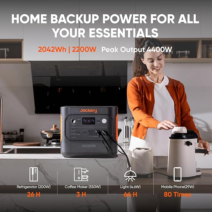 Jackery Explorer 2000 v2 Portable Power Station with AC Charging Cable, 2040Wh LFP Home Backup Battery, 2200W AC Output, Solar Generator for Emergencies, Power Outages, Camping(Solar Panel Optional) - Image 2
