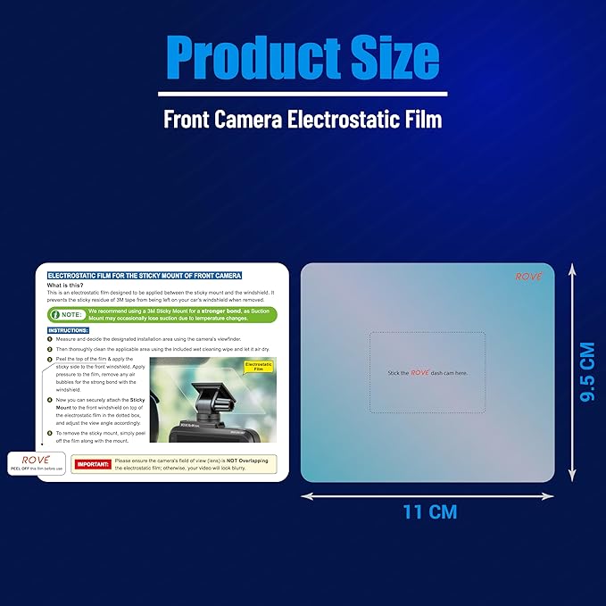 ROVE Windshield Electrostatic Films and 3M Sticky Tapes, 2 Pieces Each for mounting R2-4K, R2-4K PRO, and R2-4K Dual Dash Cams (Front) - Image 3