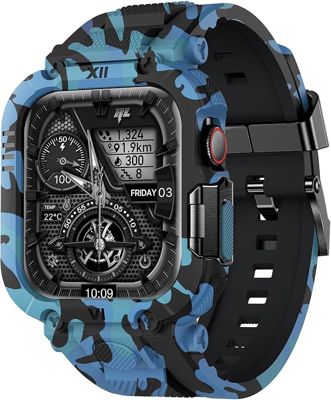 XYF Sport Smartwatch Cases with Band for Men, Rugged Shockproof Protective Metal Bumper Case,Compatible with Apple Watch 46mm Series 11 10 Wristband (46mm,Camouflage/Blue) by XYFElectronicAccessories