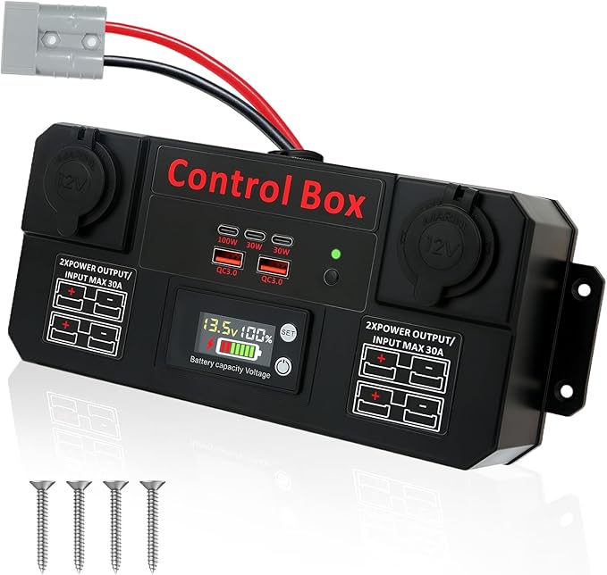 Mini Power Distribution Box with 4X 30A Input/Output Anderson, 2X USB 3.0,3 x Type-c 100W Fast Charging, 2X 12V Cigarette Lighter Sockets, Smart Battery Box for Outdoors Camping Fishing RV Emergency by Unknown