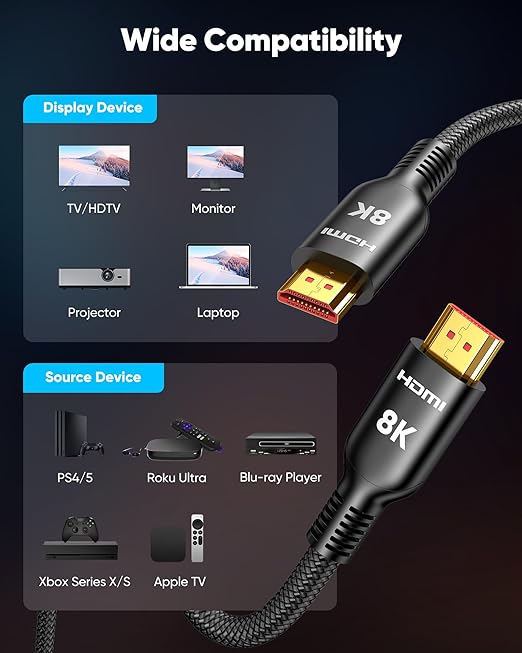 Highwings HDMI Cable 15 FT Long, 10K 8K 4K Ultra HD High Speed HDMI Cord 48Gbps Braided Cable-8K@60Hz 4K@120Hz, DTS:X, eARC,HDCP 2.2&2.3-Compatible for UHD TV/PS5/ SoundBar/AVR - Image 8