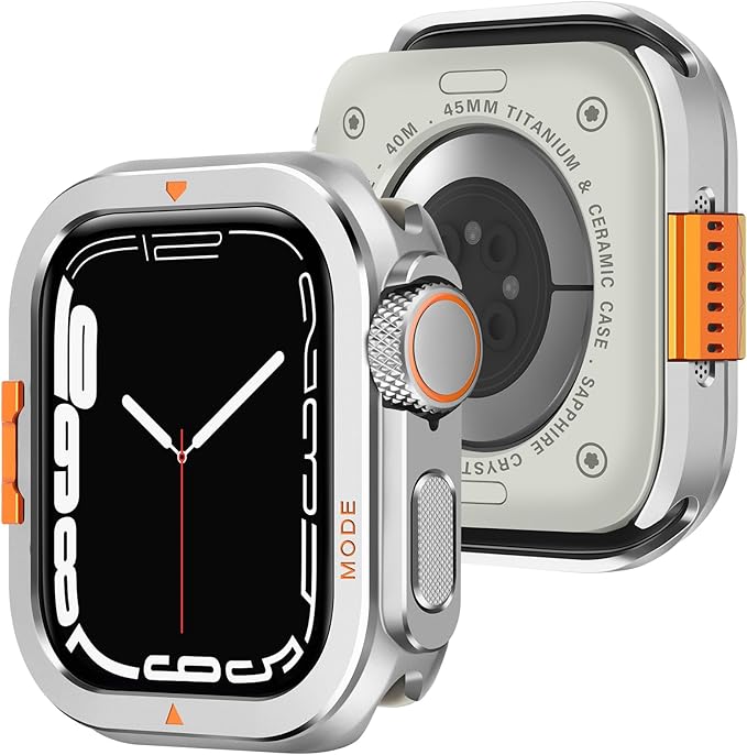 Amizee Metal Case Compatible with Apple Watch Series 9/8/7 45mm Case with Back Cover, Rugged Protective Bumper Cover for iWatch 45mm, Silver by Amizee