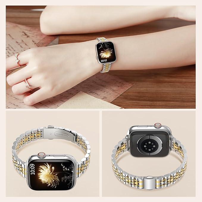 TiMOVO Metal Band Compatible with Apple Watch 42mm (Series 11/10) 41mm 40mm 38mm for Women, Dressy Replacement Strap for iWatch SE 3/2/1, Series 9/8/7/6/5/4/3/2/1, Silver/Gold - Image 3