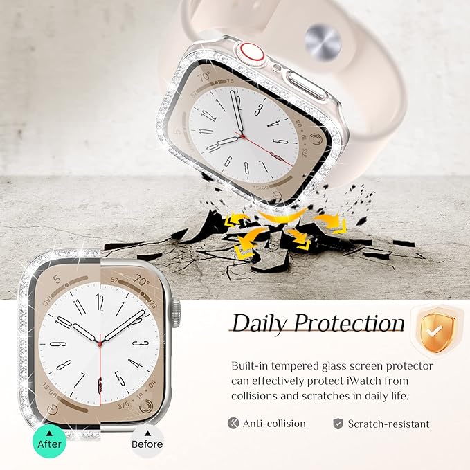 Goton 2 Pack Bling Screen Protector Case for Apple Watch Series 3 2 1 38mm with Tempered Glass, Women Diamond Rhinestone Full Protective Bumper Cover for iWatch Accessories 38mm Clear - Image 4