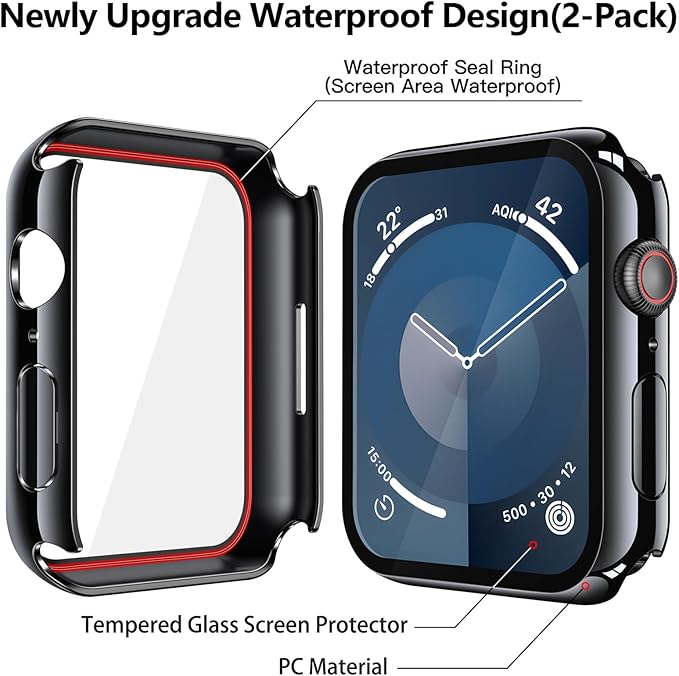 Misxi [2 Pack] Waterproof Hard Case with Tempered Glass Compatible with Apple Watch Series 9 Series 8 Series 7 45mm, Ultra-Thin Cover for iWatch Screen Protector, 1 Jet Black + 1 Transparent - Image 5