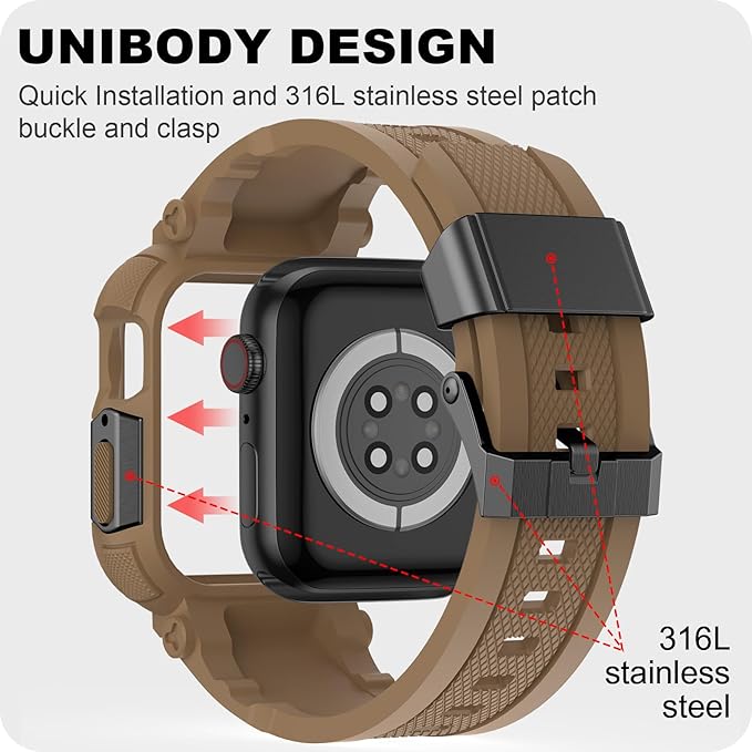 XYF Sport Smartwatch Cases with Band for Men, Rugged Shockproof Protective Metal Bumper Case,Compatible with Apple Watch 45mm 44mm Series 9/8/7/6/5/4/SE 3/2/1 Wristband (44/45mm,Desert Tan) - Image 5