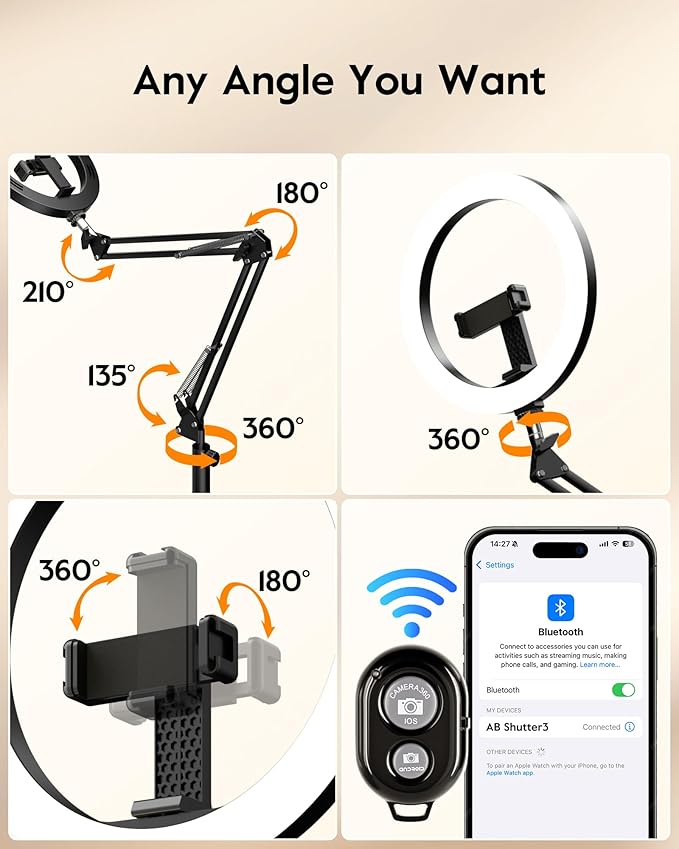 LUXSURE Ring Light Tripod for iPhone with Light,71" Overhead Camera Mount with Phone Holder,Adjustable Ring Light with Stand and iPhone Tripod for Video Recording,Cooking,Painting,TikTok,YouTube - Image 7
