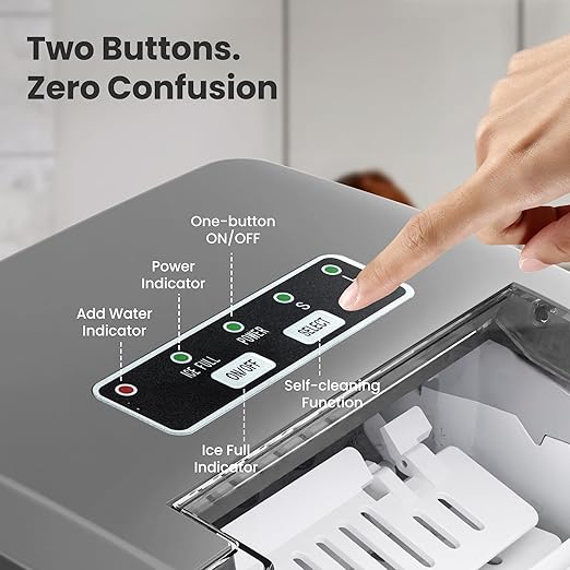 Portable Countertop Ice Maker Machine with Handle, 9 Bullet-Shaped Ice Cubes Ready in 6 Mins, 26Lbs/24H, Self-Cleaning Function with Ice Scoop and Basket for Home/Kitchen/Party (Grey) - Image 5