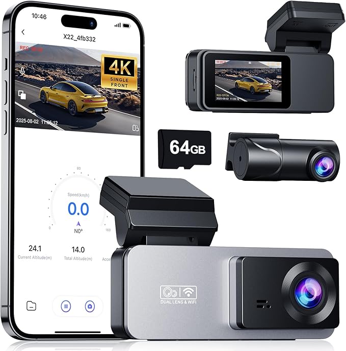 Dash Cam Front and Rear, 4K Front Dash Cam, 3K+1080P Dual Dash Camera for Cars, Built-in WiFi, Car Dashcams with Night Vision, Free 64GB Card, 24H Parking Mode, App Control, Silvery by eassky