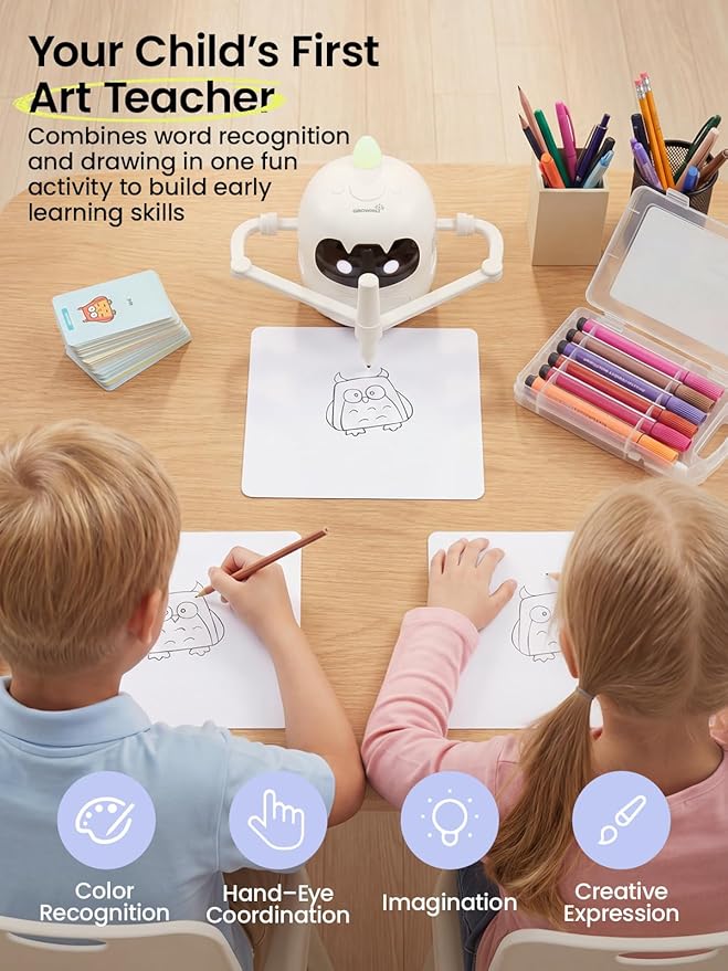 Grownsy Smart Drawing Robot for Kids, Light & Voice Guidance Education Toy with Scan, Doodle Bot with 150 Word Cards & 12 Color Pens, Montessori Painting Learning Toys for Kids Ages 3–8, Birthday Gift - Image 3