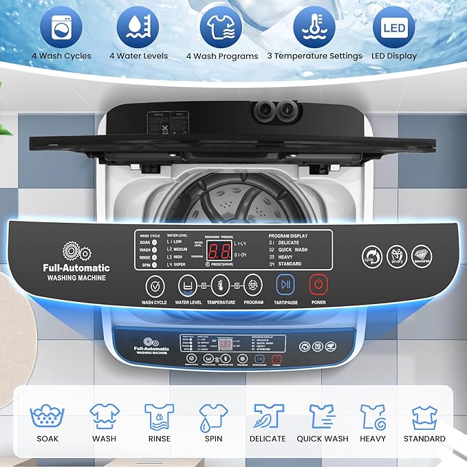Nictemaw Portable Washing Machine, 20 lbs Capacity Full Automatic Portable Washer, 2.8Cu.ft Compact Washer Dryer Combo with 4 Wash Programs 4 Water Levels 3 Water Temp & Drain Pump for Home, RV, Dorm - Image 3
