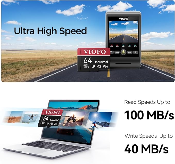 VIOFO 64GB Industrial Grade microSD Card, U3 A2 V30 High Speed Memory Card with Adapter, Support Ultra HD 4K Video Recording - Image 2