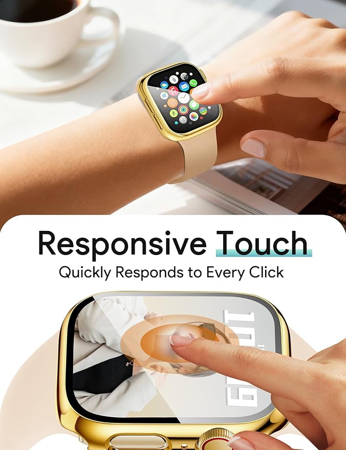 JR.DM 42mm 2 Pack Hard PC Case with HD Tempered Glass Screen Protector for Apple Watch Series 3/2/1, Guard Bumper Full Coverage Protective Anti-Scratch Face Cover for iWatch, Glossy Gold+Clear - Image 4