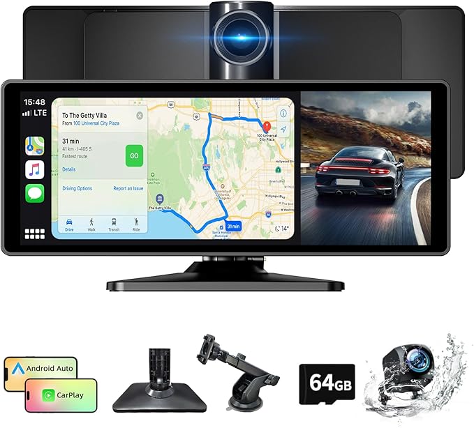 10.26 Inch Carplay Screen for Car, Portable CarPlay Screen with Wireless Carplay & Android Auto, 4K Dash Cam/1080P Backup Camera/GPS Navigation/Mirror Link/Bluetooth, Car Touch Screen with 64GB TF by Unknown