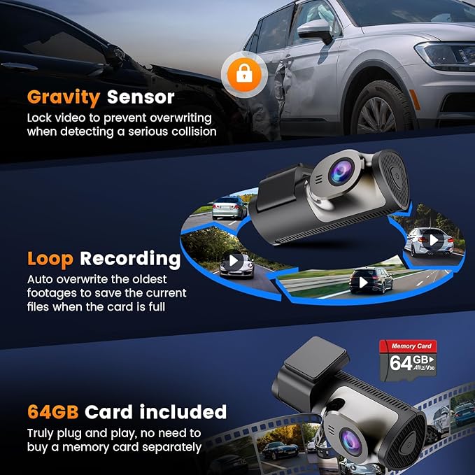 4K+1080P Dash Cam Front and Rear,64GB Card Included,5.8GHz WiFi Dash Camera for Cars,App up to 20MB/s Fastest Download,G-Sensor,Night Vision,24h Parking Monitoring,Loop Recording,170° Wide Angle - Image 4