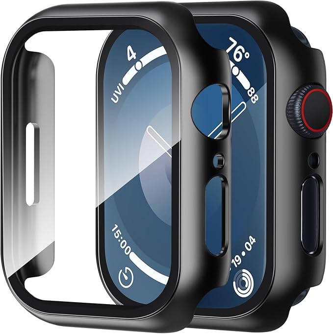 Smiling 2 Pack Case Compatible with Apple Watch Series 9 (2023)/Series 8 /Series 7 45mm with Tempered Glass Screen Protector, Hard PC Overall Protective Cover- Black by Smiling