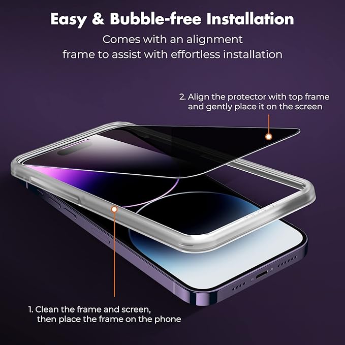 UNBREAKcable Privacy Screen Protector for iPhone 14 Pro Max, Shatterproof Tempered Glass [True 28°Anti Spy] [9H Hardness] [Easy Installation Frame] Black Protector for iPhone 14 Pro Max 6.7" -2 Pack - Image 3