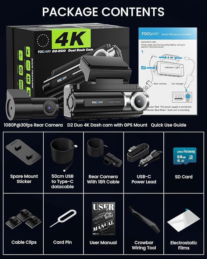 FOCUWAY Dash Cam Front and Rear, Real 4K@30fps/2K@60fps+1080P@30fps Dash Camera for Car, Touchscreen, Voice Control, with GPS WiFi, HDR Night Vision, 64GB Card, 160 Wide Angle, 24H Parking Mode - Image 9