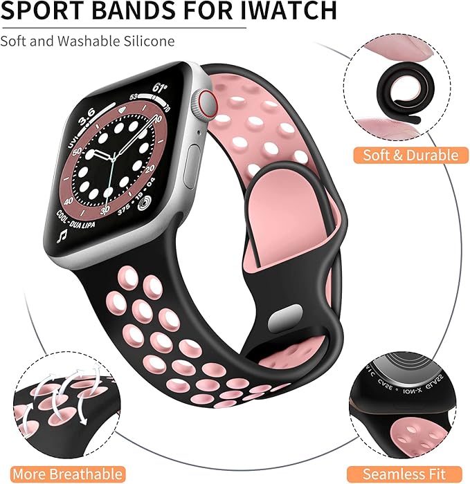 Lerobo Compatible with Apple Watch Bands 45mm 46mm 44mm 42mm 49mm Ultra 2 3 Women Men,Soft Silicone Sport Bands Replacement Wristbands for iWatch SE 3 2 Series 11 10 9 8 7 6 5 4 3 2 1,Black/Pink - Image 8