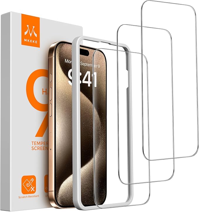 Mkeke 3 Pack Screen Protector for iPhone 15 Pro Max 6.7", [9H+ Tempered Glass] [Easy Installation Frame] [Military-Grade Drop Protection] HD Clear, Anti-Scratch, Bubble Free by Mkeke