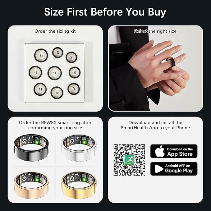 Smart Health Ring for Women Men, Fitness Tracker Ring with Heart Rate, Blood Oxygen, Sleep Tracker, Step Tracker, No Subscription Fee, IP68 Waterproof Smart Ring for iphone & Android (Black, 6#) - Image 8