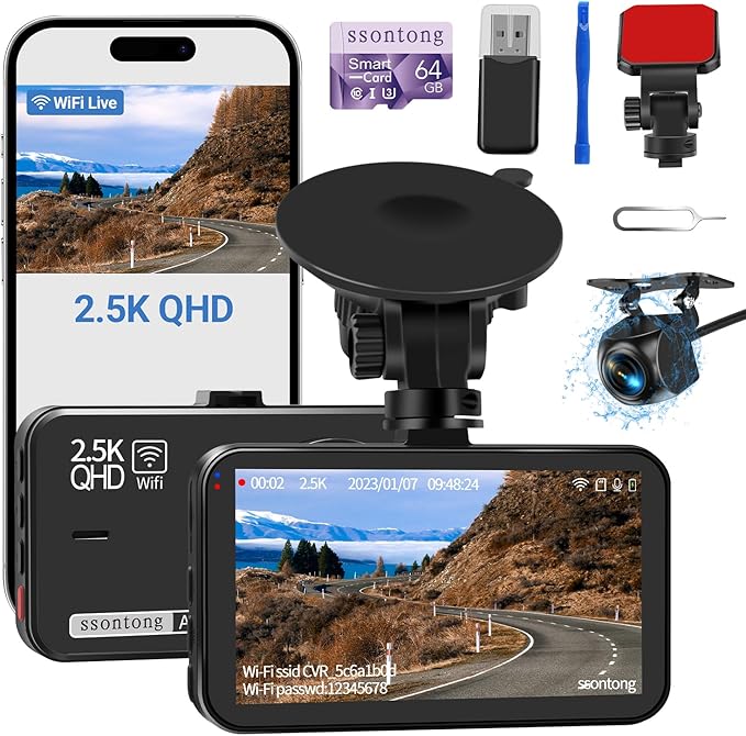 Dash Cam Front and Rear, Dash Camera for Cars WiFi/APP Control Dual Dashcam W/ 64GB Card, 2.5K Dash Cam Front+1080P Rear Car Camera W/Super Night Vision, Loop Recording, G-Sensor, Max Support 256GB - Image 8