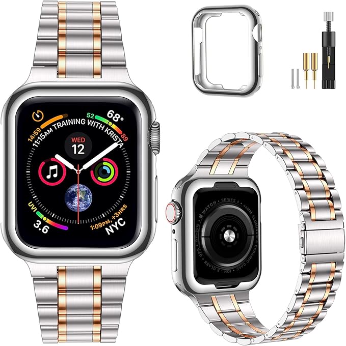 MioHHR Solid Stainless Steel Band Compatible with Apple Watch 44mm 42mm (Series 3/2/1), Metal Strap with Soft TPU Case for iWatch Series 6 5 4 3 2 1 SE SE2 SE3 Women and Men, Silver/Rose Gold by ProfessionalStainlessSteelWatchBandCase