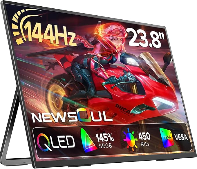 23.8'' QLED Portable Monitor 144Hz Gaming Monitor, 145%sRGB | 2000:1 | FreeSync Built-in Adjustable Stand, Speaker and VESA, USB-C HDMI Large Second Screen for Laptop, Mac-book, PC, Game Console by NEWSOUL