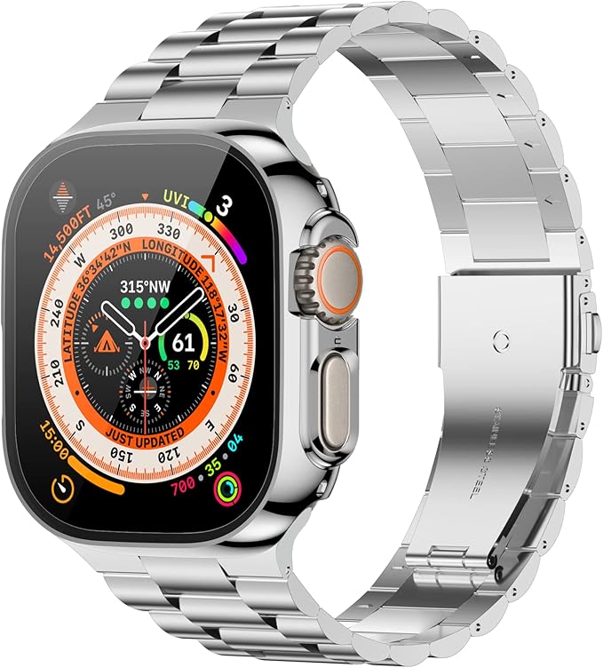 iiteeology Compatible with Apple Watch Band Ultra 3 Ultra 2 Ultra, Upgraded Stainless Steel Band with iWatch Screen Protector Case for Men Silver/Silver - Image 2