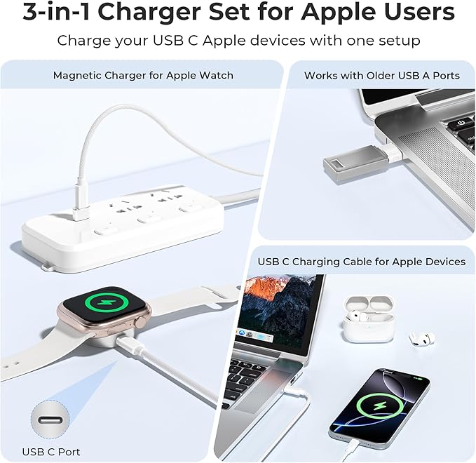Basesailor Magnetic Charger Adapter for Apple Watch 11 10,5W USB C Wireless Charger Dock,Multi Charging Kit with Type C Cable & USB A Converter for iWatch Series 9 8 7 SE Ultra,42 46 44mm - Image 2