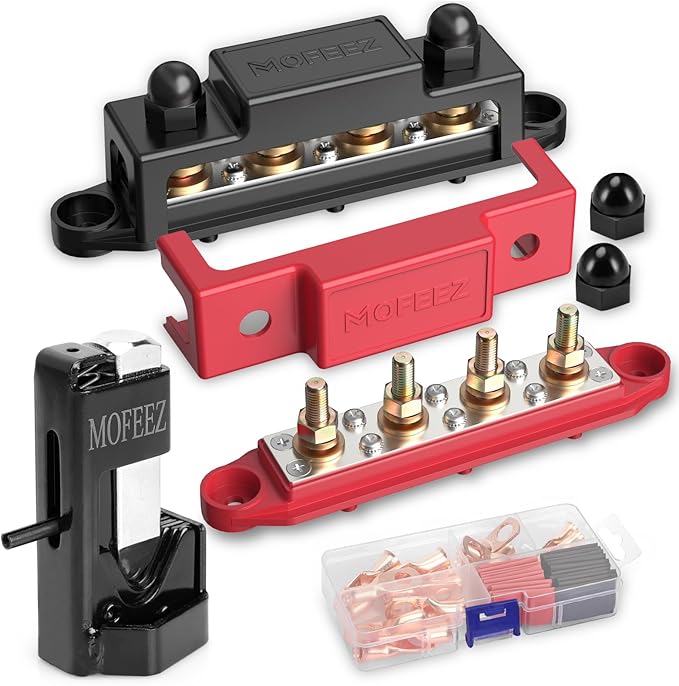 MOFEEZ Power Distribution Block Bus Bar 4 × 5/16" Posts 6 × #8 Screws with Hammer Lug Crimping Tool, Marine Bus Bar 48V 250A for Automotive, Car, Boat, Solar Wiring by MOFEEZ