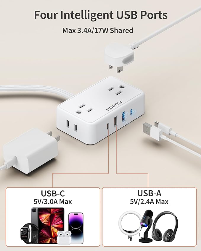 Flat Plug Extension Cord, 6 Ft Ultra Thin Power Strip with 4 AC Wide Spaced Outlets and 4 USB (2 USB-C) Ports, No Surge Protector for Cruise Ship, White Extension Cord for Travel Home Office - Image 5