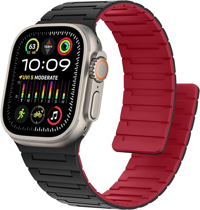 Bisikor Magnetic Bands Compatible with Apple Watch Band 49/46/45/44/42/41/40/38mm Men Women Silicone Sport Wristband for iWatch Ultra2 SE Series 10 9 8 7 6 5 4 3 (42/44/45/46/49, Black/Red) by Bisikor