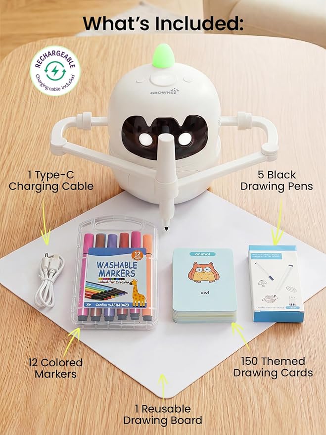 Grownsy Smart Drawing Robot for Kids, Light & Voice Guidance Education Toy with Scan, Doodle Bot with 150 Word Cards & 12 Color Pens, Montessori Painting Learning Toys for Kids Ages 3–8, Birthday Gift - Image 9